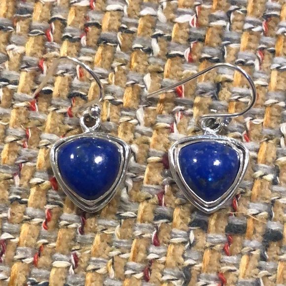 VINTAGE Sterling Silver Lapis Lazuli Cabochon Drop Dangle Earrings - Picture 3 of 7